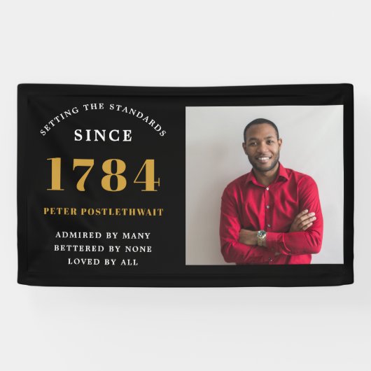 写真テンプレート誕生日パーティーブラック金ゴールド任意の年 横断幕 (横)