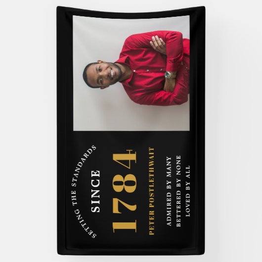 写真テンプレート誕生日パーティーブラック金ゴールド任意の年 横断幕 (縦)