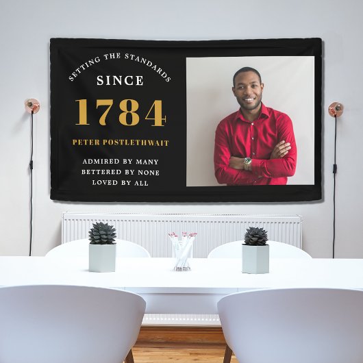 写真テンプレート誕生日パーティーブラック金ゴールド任意の年 横断幕