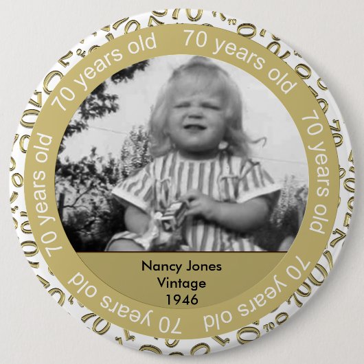 写真テンプレート:第70誕生日金ゴールドとホワイトテーマ 缶バッジ (正面)