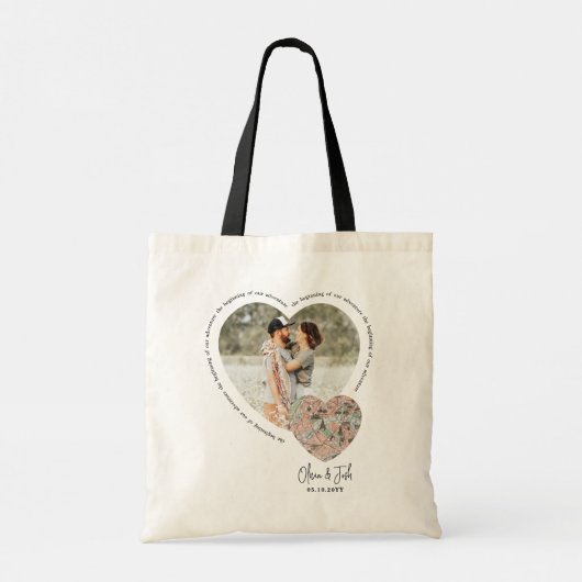 写真ハートの場所マップのパーソナライズされた婚約 トートバッグ (裏面)