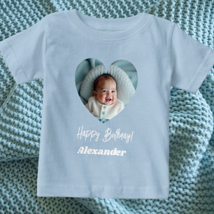 写真ハート名birthday blue boy ベビーTシャツ