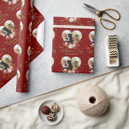 写真ハート金ゴールドバレンタインデーグリッターハート赤 ラッピングペーパー (クラフト)