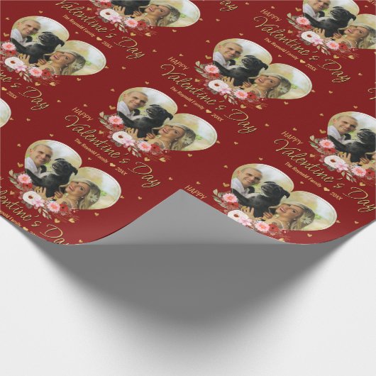 写真ハート金ゴールドバレンタインデーグリッターハート赤 ラッピングペーパー (角)