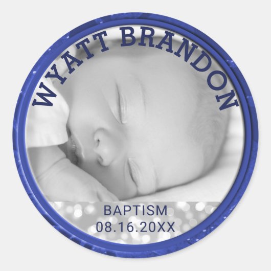 写真バプテスマの好意 |青い名前をカスタムする日付ラベル ラウンドシール (正面)