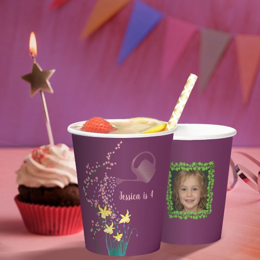 写真パーソナライズされたかわいい水仙パープル誕生日 紙コップ