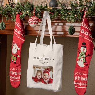 「写真パーソナライズされたと名前とメリークリスマス トートバッグ