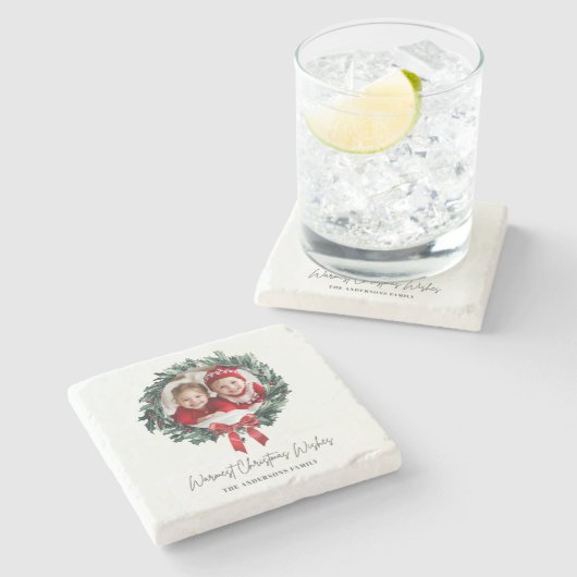 写真パーソナライズされたと名前のクリスマスリース ストーンコースター (横)