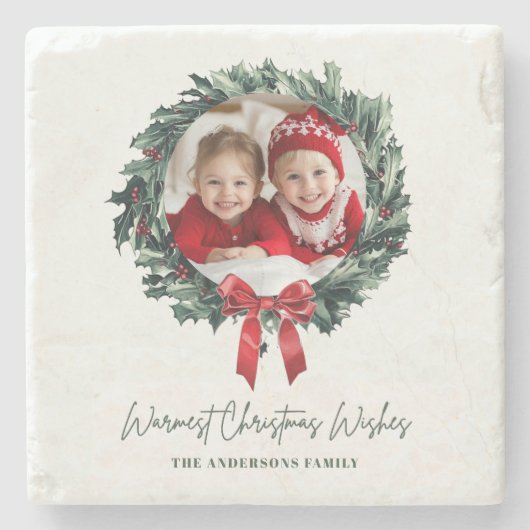写真パーソナライズされたと名前のクリスマスリース ストーンコースター (正面)