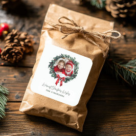 写真パーソナライズされたと名前の付いたクリスマスリース スクエアシール