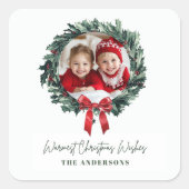写真パーソナライズされたと名前の付いたクリスマスリース スクエアシール (正面)