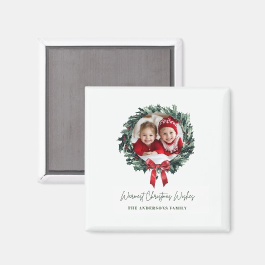 写真パーソナライズされたと名前の付いたクリスマスリース マグネット (正面/裏面)