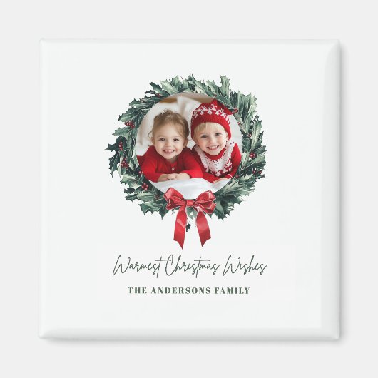 写真パーソナライズされたと名前の付いたクリスマスリース マグネット (正面)