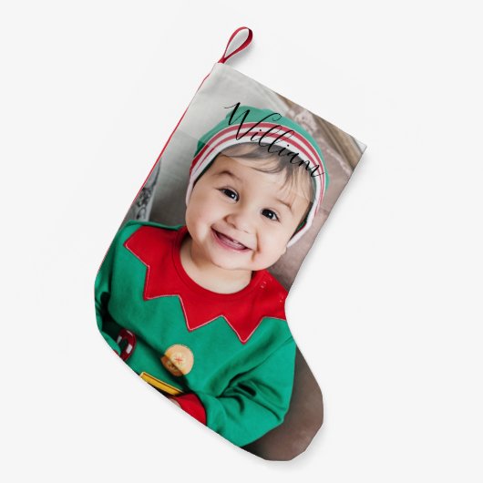 写真パーソナライズされたと名前の祝日 スモールクリスマスストッキング (正面 (吊り時))