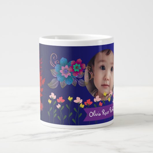 写真パーソナライズされたと名前の花 ジャンボコーヒーマグカップ (正面)