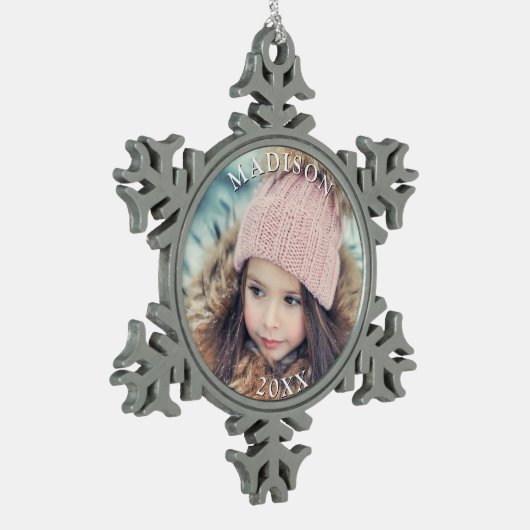 写真パーソナライズされたと名前クリスマス・ホリデー スノーフレークピューターオーナメント (左)