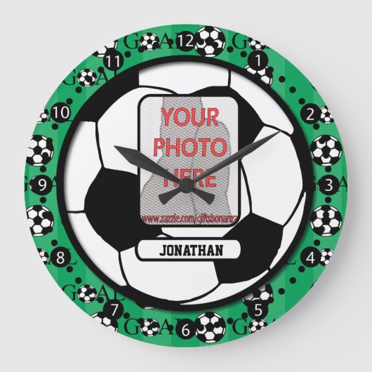 写真パーソナライズされたと名前サッカーの壁時計 ラージ壁時計 (正面)