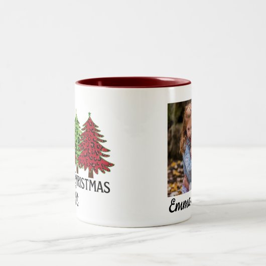写真パーソナライズされたと名前メリークリスマス ツートーンマグカップ (中央)