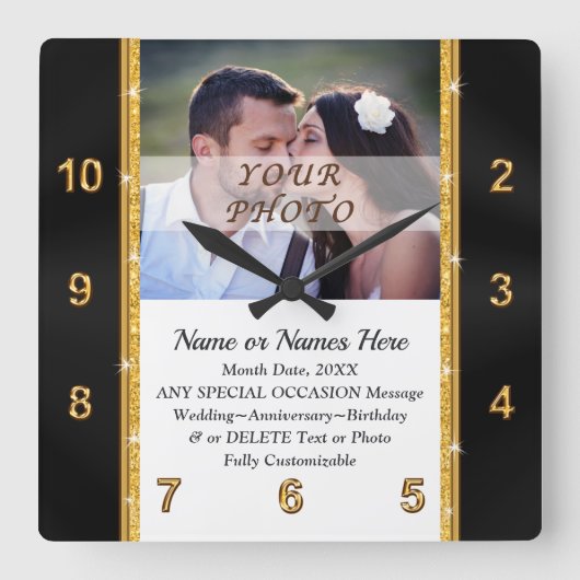 写真パーソナライズされたと時計の結婚贈り物 スクエア壁時計 (正面)