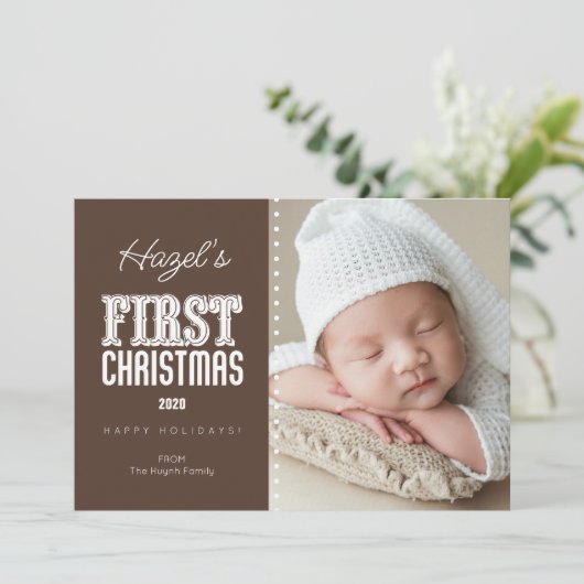 写真パーソナライズされたと色の初めてのクリスマスカード シーズンカード (スタンド正面)
