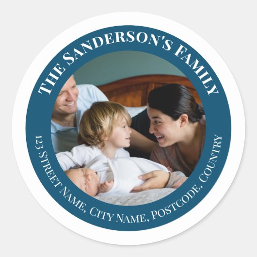 写真パーソナライズされたをターコイズサークルに文字 ラウンドシール (正面)