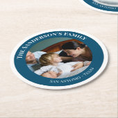 写真パーソナライズされたをターコイズサークルに文字 ラウンドペーパーコースター (アングル)