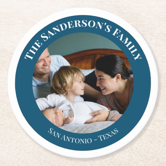 写真パーソナライズされたをターコイズサークルに文字 ラウンドペーパーコースター (正面)