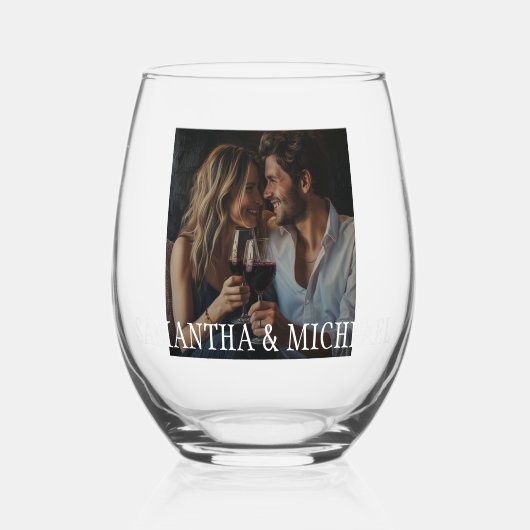 写真パーソナライズされたカップルの結婚贈り物 ステムなしワイングラス (正面)