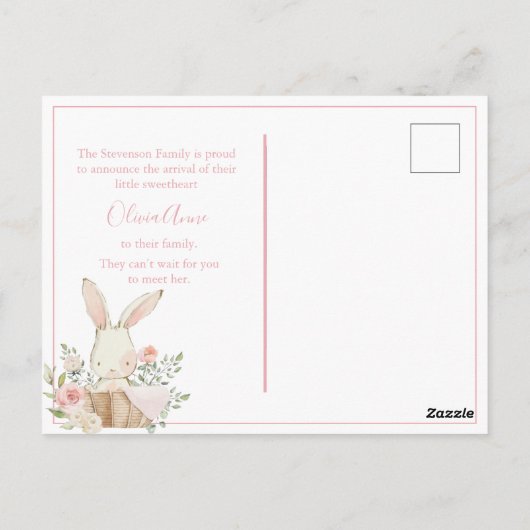 写真パーソナライズされたガールBunny誕生発表 ポストカード (裏面)