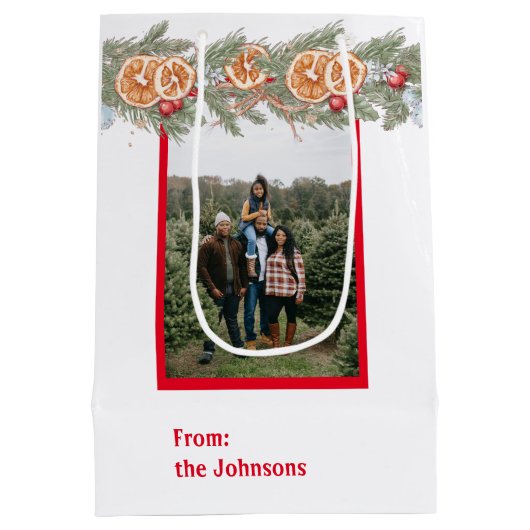 写真パーソナライズされたクリスマスモノグラムパイン ミディアムペーパーバッグ (裏面)