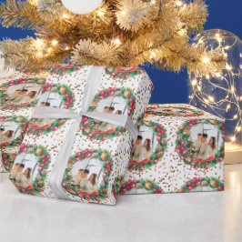 写真パーソナライズされたクリスマスリース雪 ラッピングペーパー