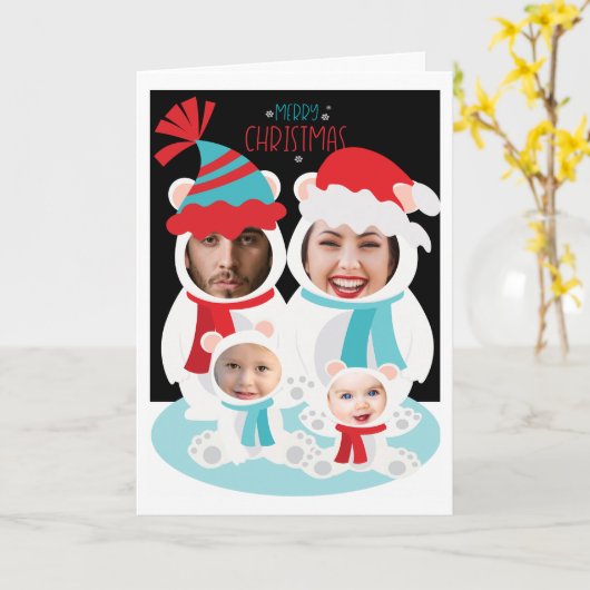 写真パーソナライズされたクリスマス極熊の家族 カード (黄色い花)