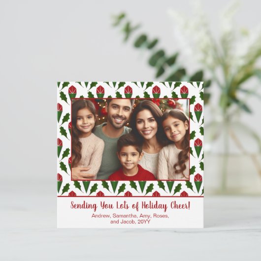 写真パーソナライズされたクリスマス赤いバラ、ホリー シーズンカード (スタンド正面)