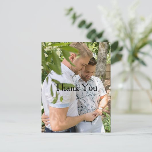 写真パーソナライズされたゲイ結婚の感謝はがき ポストカード (スタンド正面)