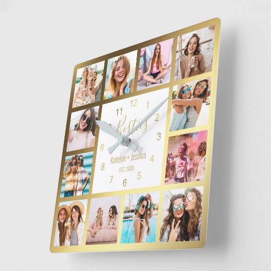 写真パーソナライズされたコラージュの金ゴールド白 スクエア壁時計 (傾斜)