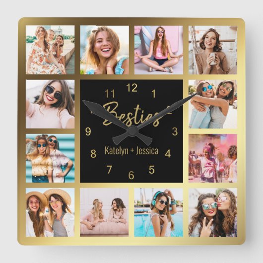 写真パーソナライズされたコラージュの金ゴールド黒 スクエア壁時計 (正面)