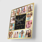 写真パーソナライズされたコラージュの金ゴールド黒 スクエア壁時計 (傾斜)