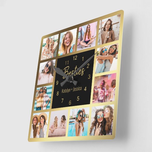 写真パーソナライズされたコラージュの金ゴールド黒 スクエア壁時計 (傾斜)
