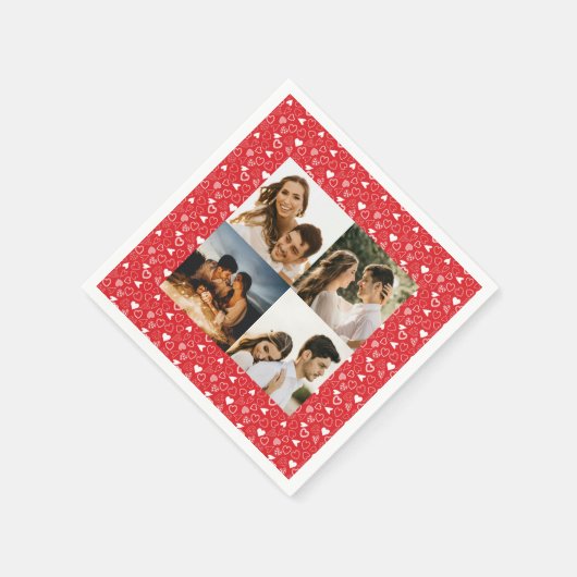 写真パーソナライズされたコラージュハートのパターン赤 スタンダードカクテルナプキン (角)