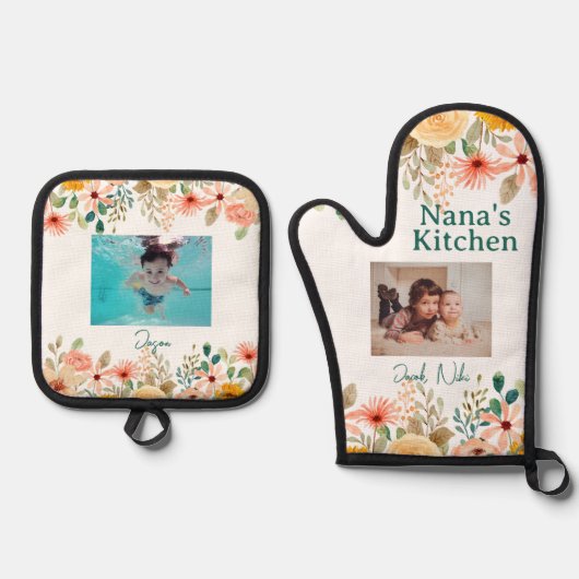 写真パーソナライズされたコラージュ奈々おばあちゃんのキッチン 鍋つかみ&鍋敷きセット (正面)