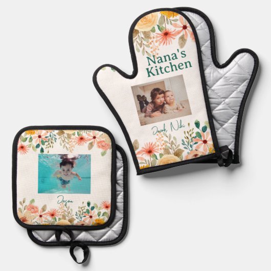 写真パーソナライズされたコラージュ奈々おばあちゃんのキッチン 鍋つかみ&鍋敷きセット (正面/裏面)