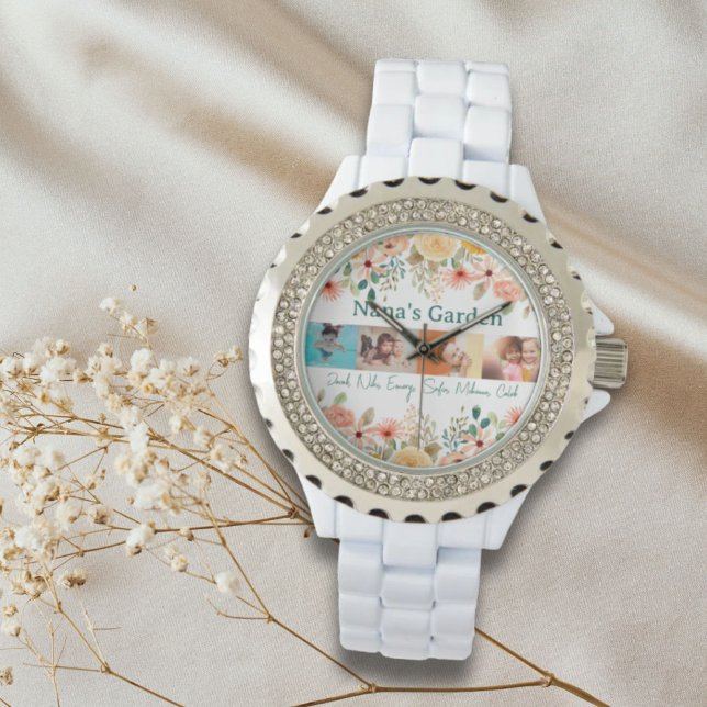 写真パーソナライズされたコラージュ奈々おばあちゃんの庭 腕時計 (Personalized Photo Collage Nana Grandma's Garden Watch)