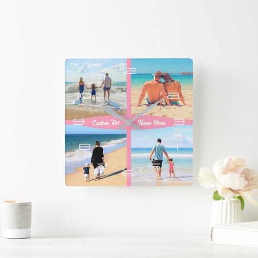 写真パーソナライズされたコラージュ時計のカスタム文字 スクエア壁時計 (ホーム)