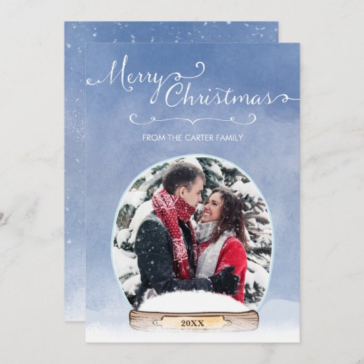 写真パーソナライズされたスノーグローブメリークリスマスカード 案内状 (正面/裏面)