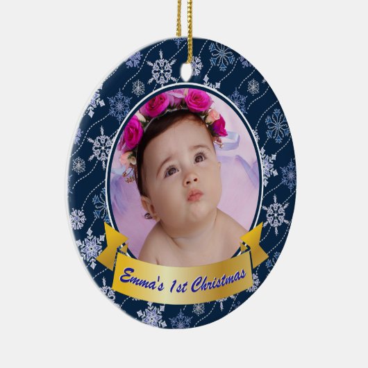 写真パーソナライズされたスノーフレークNavy Blue セラミックオーナメント (右)