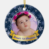 写真パーソナライズされたスノーフレークNavy Blue セラミックオーナメント (正面)