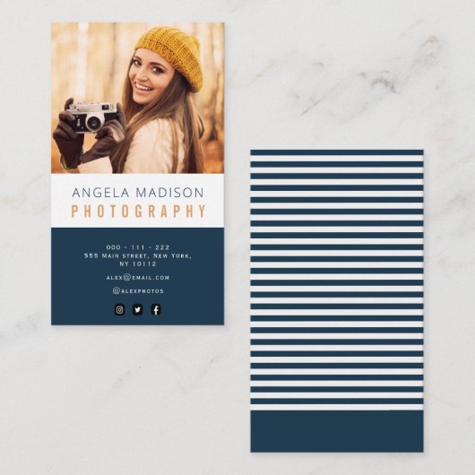 写真パーソナライズされたネイビー青トレンディー写真家 名刺 (正面/裏面)