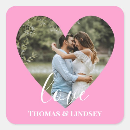 写真パーソナライズされたハートフレームモダン書道 スクエアシール (正面)
