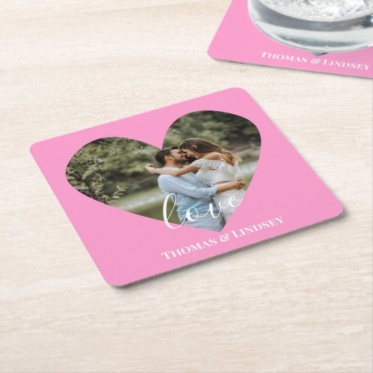 写真パーソナライズされたハートフレームモダン書道 スクエアペーパーコースター