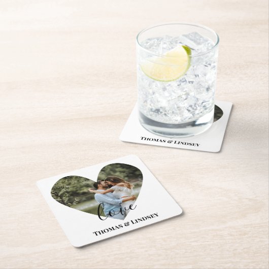 写真パーソナライズされたハートフレームモダン書道 スクエアペーパーコースター (インサイチュ)